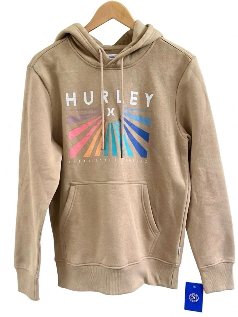 NWT Hurley Rainbow Graphic Fleece Pullover Hoodie Beige Tan Men’s Small Surf